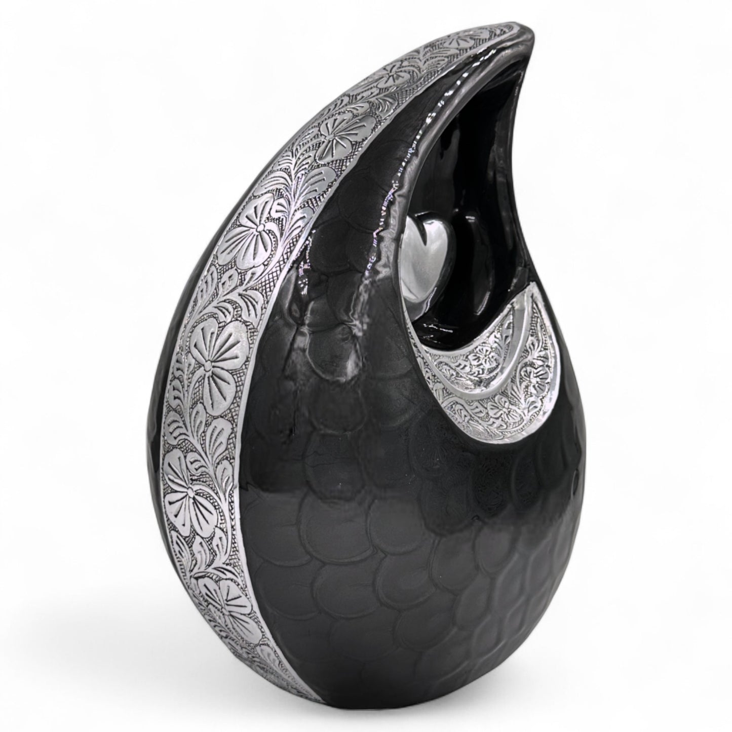 Black Teardrop Cremation Urn with Silver Heart & Cardinals – Adult Ashes Urn, Engraved Memorial, Available in Two Sizes