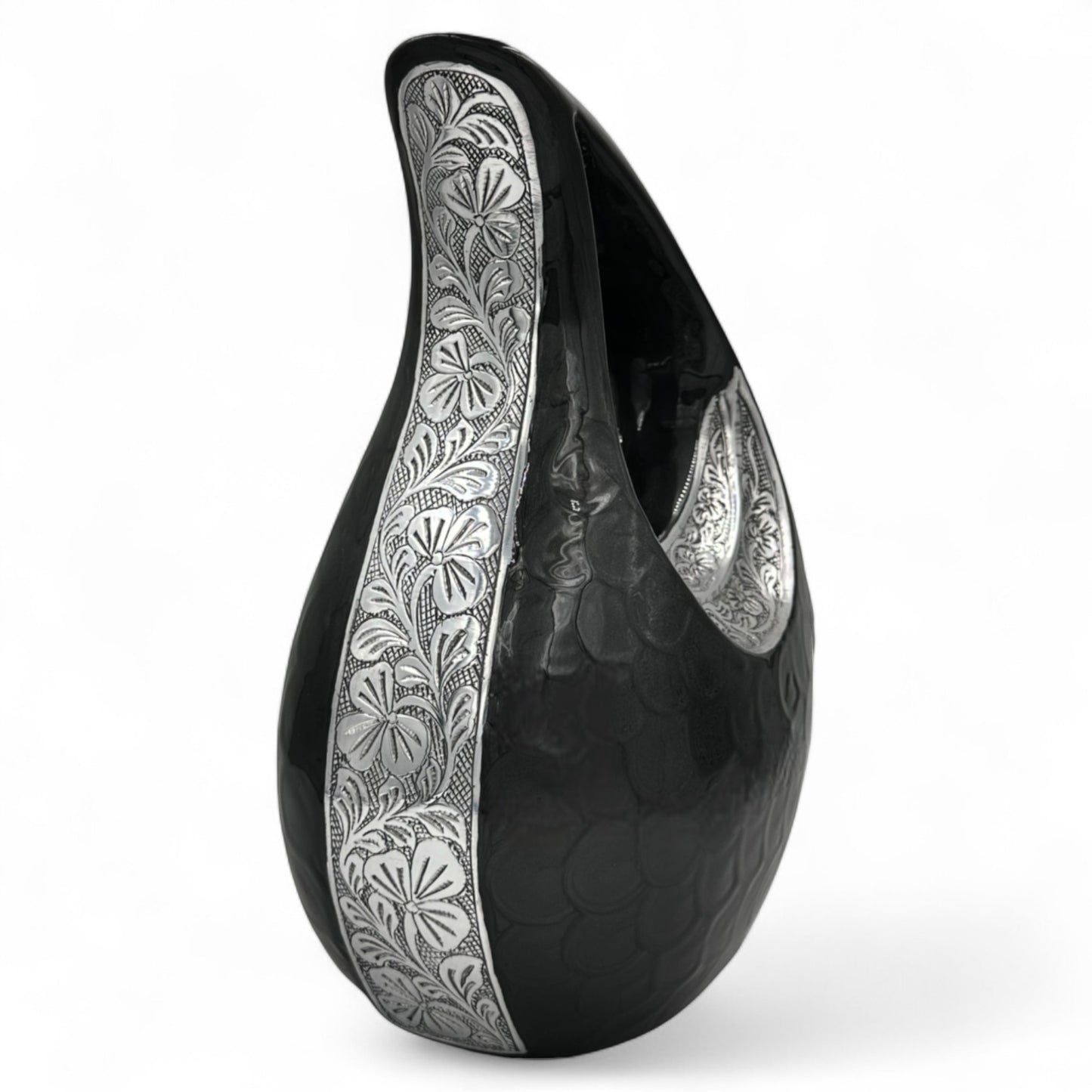Black Teardrop Cremation Urn with Silver Heart & Cardinals – Adult Ashes Urn, Engraved Memorial, Available in Two Sizes