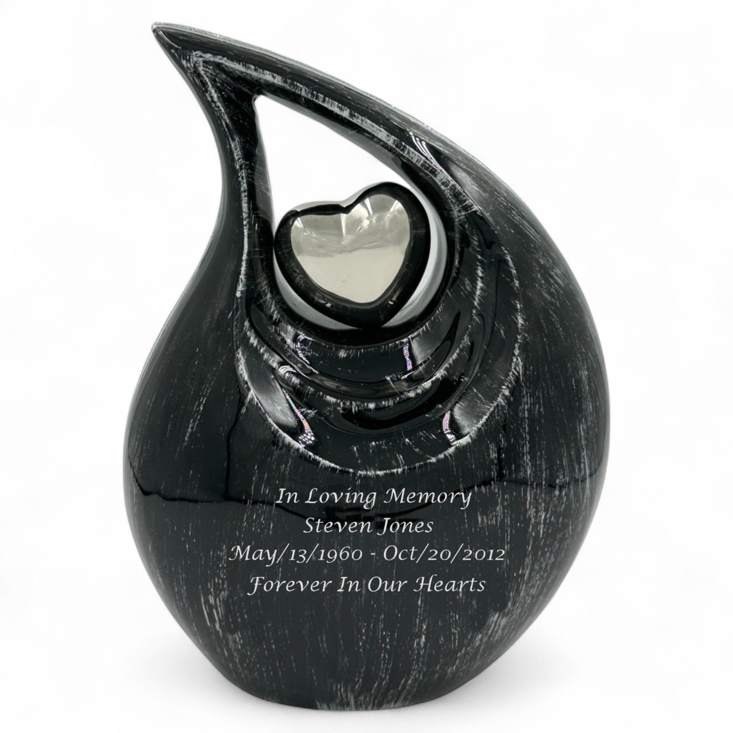 Black Teardrop Cremation Urn with Silver Heart – Personalized Adult Memorial Urn for Human Ashes – Elegant Engraved Funeral Urn with Velvet Bag