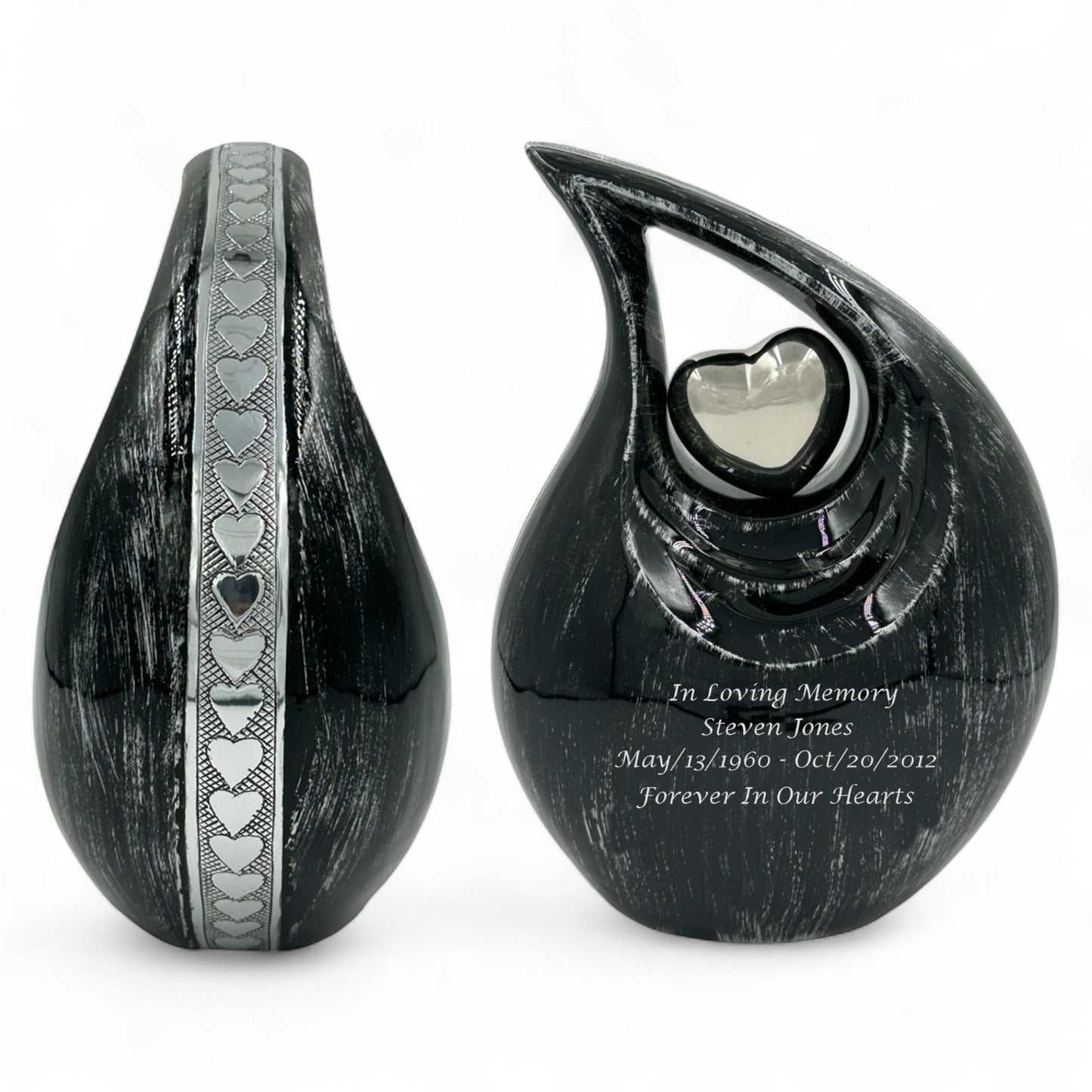Black Teardrop Cremation Urn with Silver Heart – Personalized Adult Memorial Urn for Human Ashes – Elegant Engraved Funeral Urn with Velvet Bag