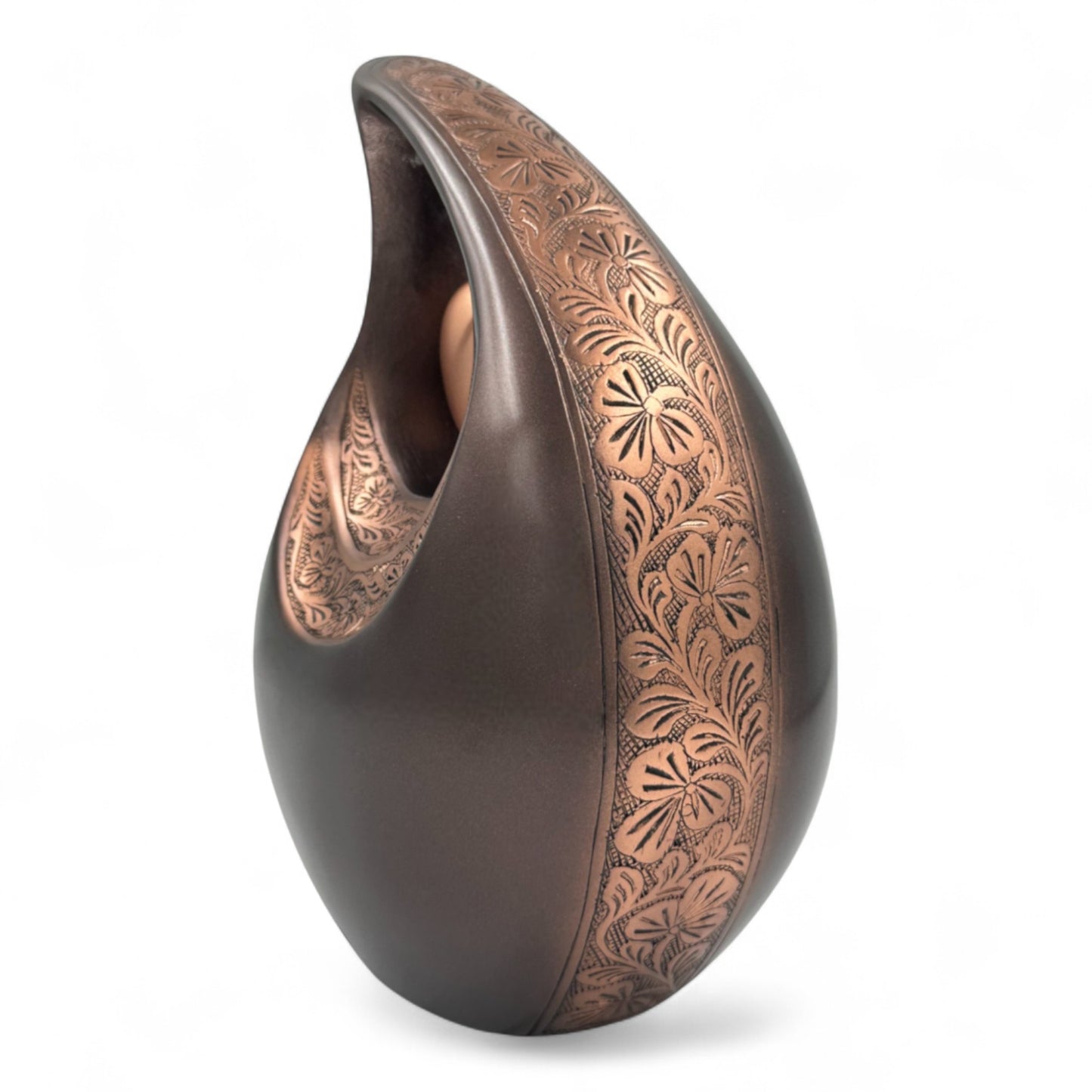 Bronze Teardrop Cremation Urn with Heart – Engraved Floral Memorial Urn for Human Ashes – Personalized Adult Funeral Urn with Velvet Bag