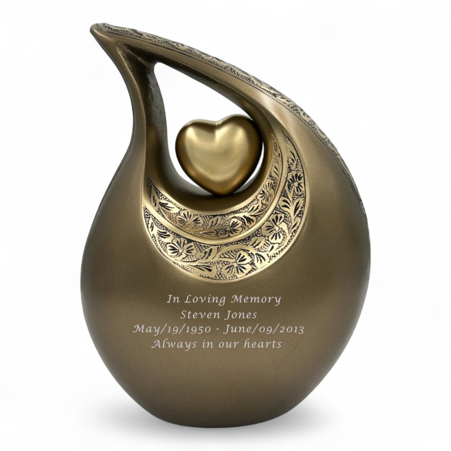 Brown Teardrop Cremation Urn with Heart – Engraved Personalized Urn for Human Ashes – Adult Memorial & Funeral Urn – Elegant Keepsake Urn