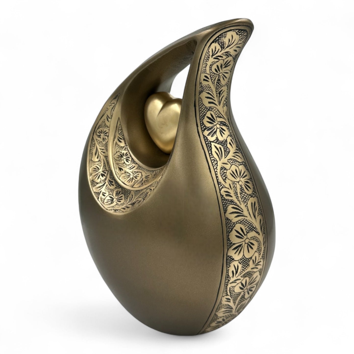 Brown Teardrop Cremation Urn with Heart – Engraved Personalized Urn for Human Ashes – Adult Memorial & Funeral Urn – Elegant Keepsake Urn