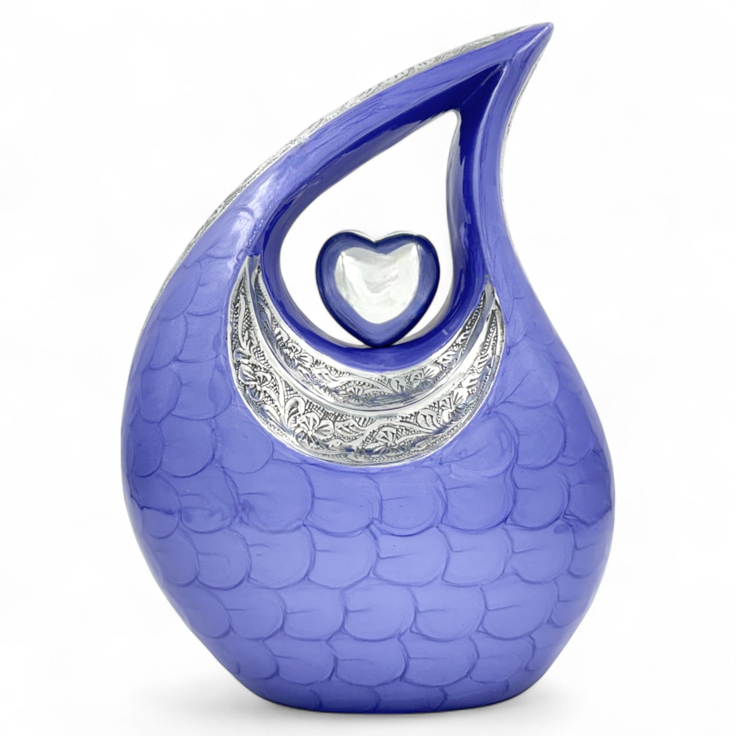 Purple Teardrop Cremation Urn with Silver Heart & Cardinals – Adult Urn, Medium & Large Sizes, Personalized Memorial Keepsake