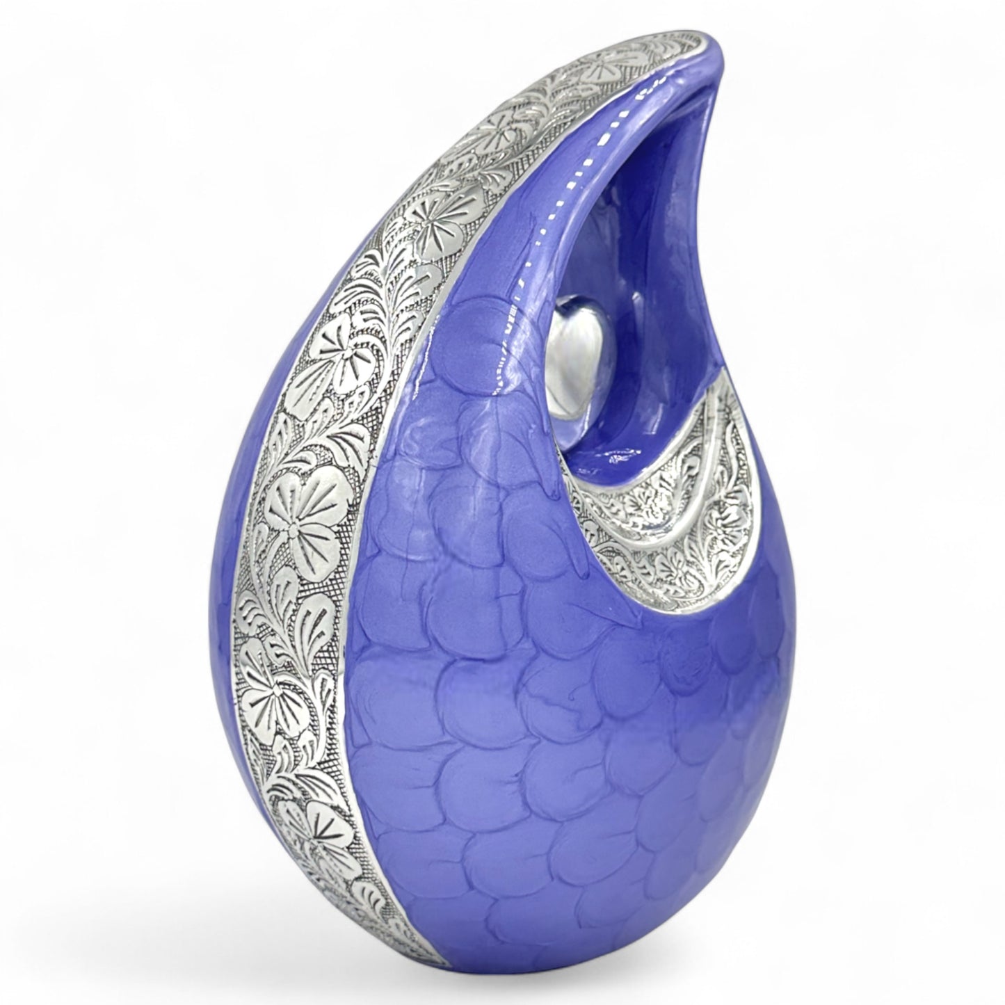 Purple Teardrop Cremation Urn with Silver Heart & Cardinals – Adult Urn, Medium & Large Sizes, Personalized Memorial Keepsake