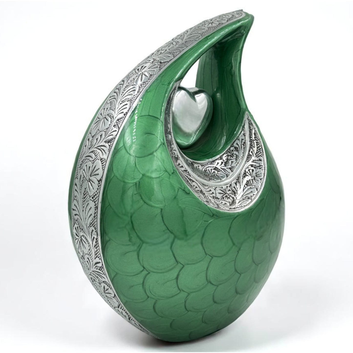 Green Teardrop Cremation Urn with Engraved Silver Detail and Heart – Personalized Adult Memorial Urn for Human Ashes – Elegant Funeral Urn with Velvet Bag