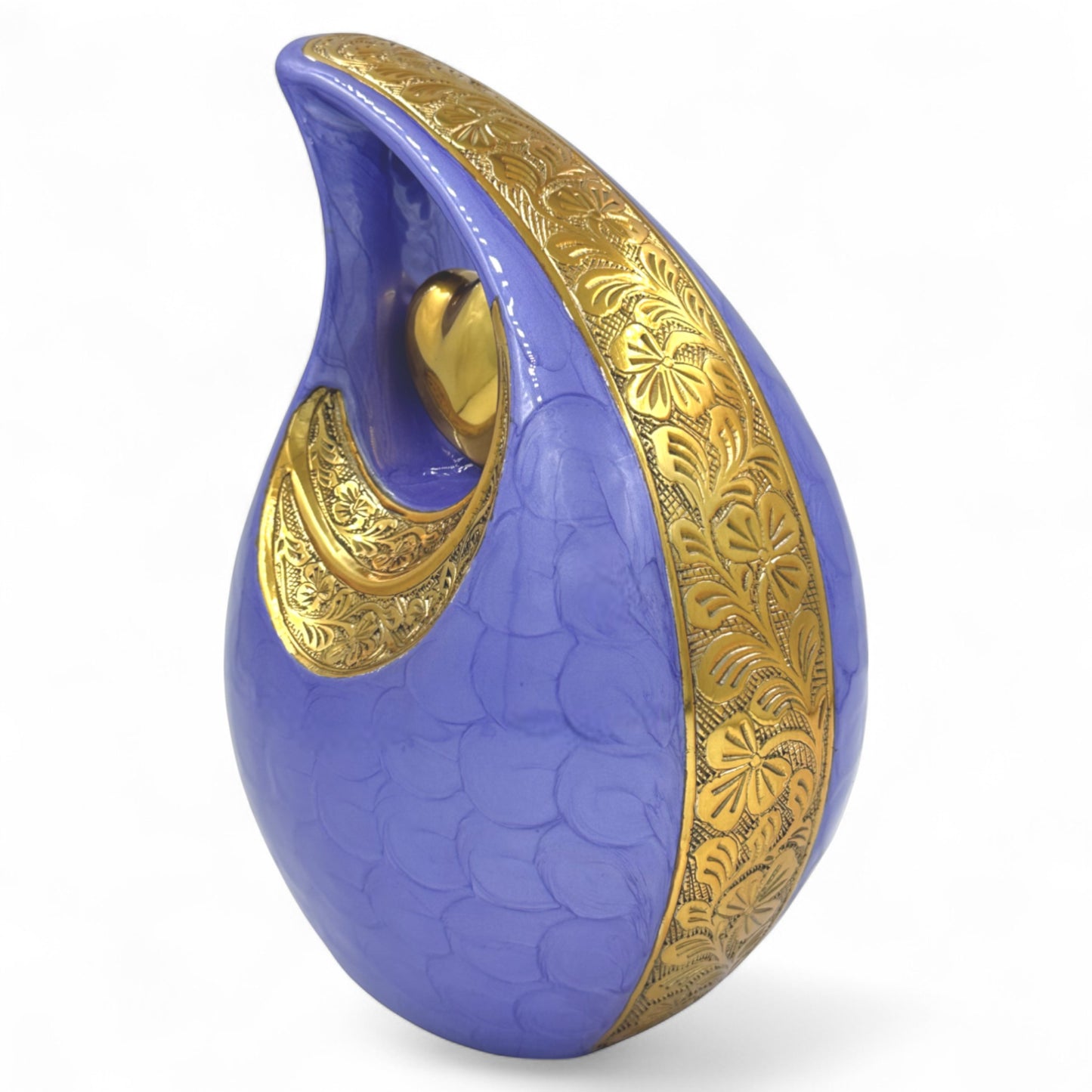 Purple Teardrop Cremation Urn with Gold Heart — Hand-Engraved Floral Design — Personalized Adult Memorial Urn for Human Ashes