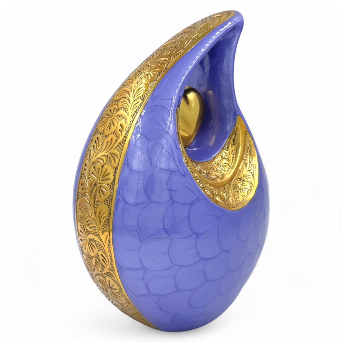 Purple Teardrop Cremation Urn with Gold Heart — Hand-Engraved Floral Design — Personalized Adult Memorial Urn for Human Ashes