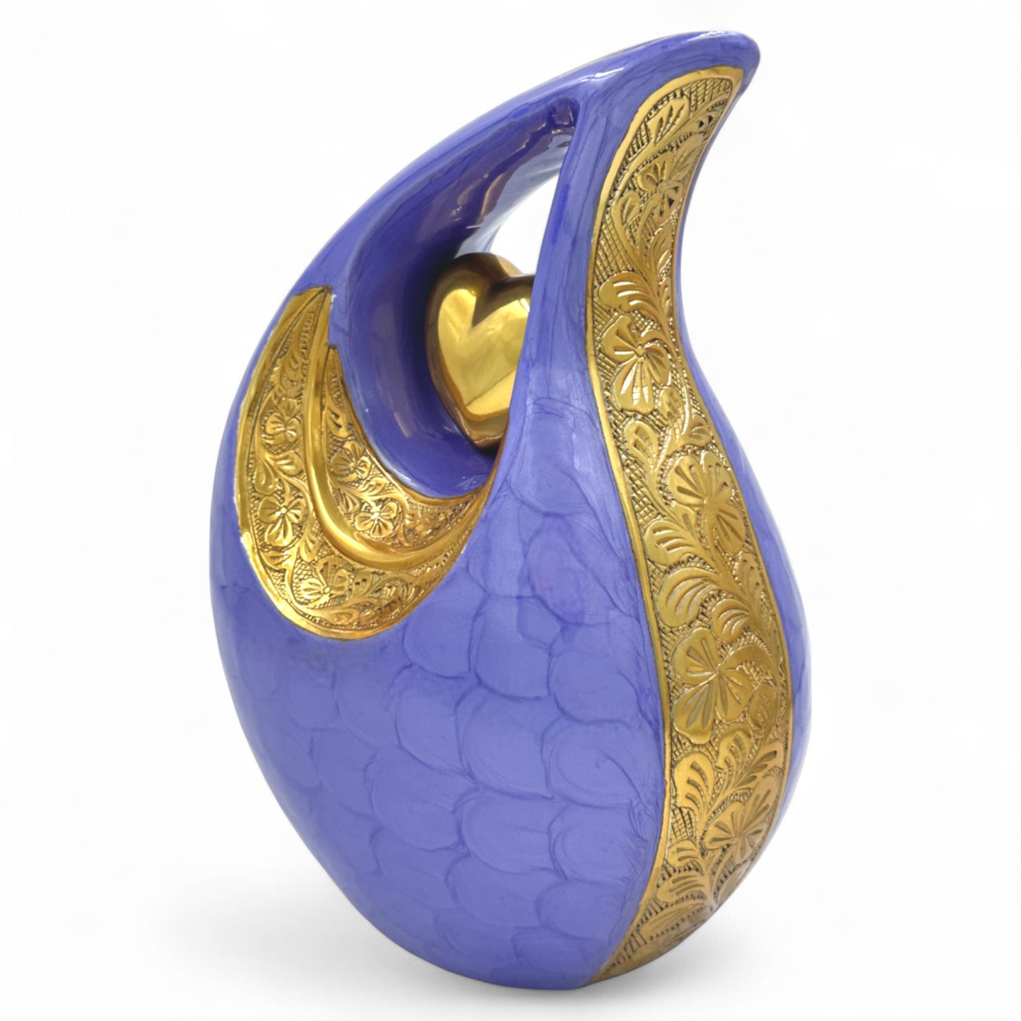Purple Teardrop Cremation Urn with Gold Heart — Hand-Engraved Floral Design — Personalized Adult Memorial Urn for Human Ashes