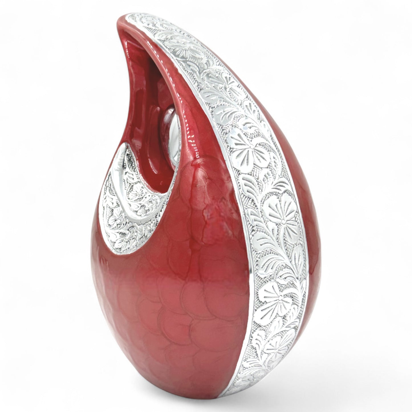 Red Teardrop Cremation Urn with Engraved Silver Detail and Heart – Personalized Adult Memorial Urn for Human Ashes – Elegant Funeral Urn with Velvet Bag