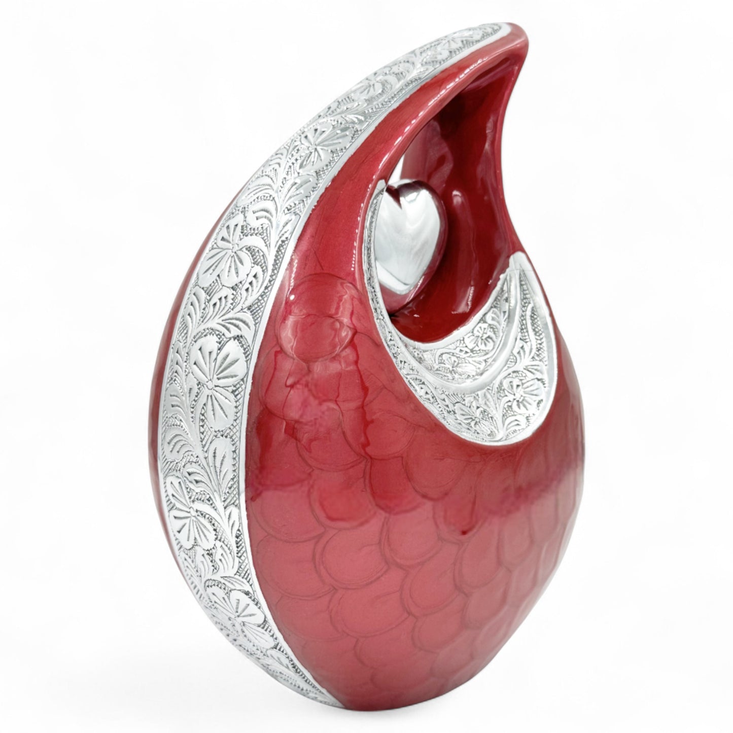 Red Teardrop Cremation Urn with Engraved Silver Detail and Heart – Personalized Adult Memorial Urn for Human Ashes – Elegant Funeral Urn with Velvet Bag