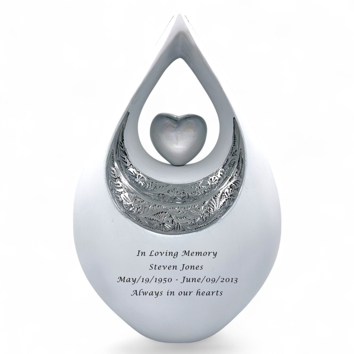 Personalized White Teardrop Cremation Urn for Ashes – Matte Finish Adult Memorial Urn