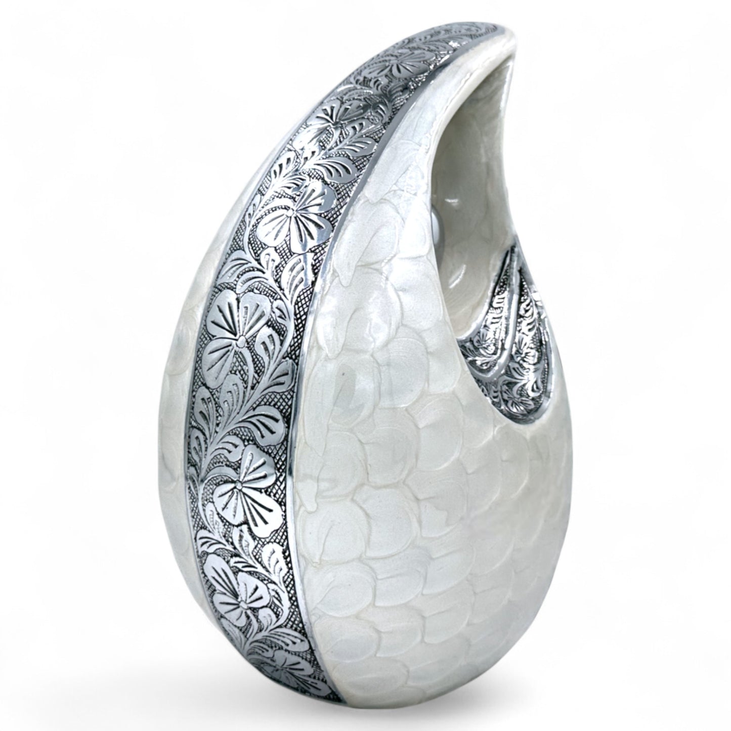 White Teardrop Cremation Urn with Silver Heart & Cardinals – Personalized Memorial Urn for Ashes – Medium & Large Sizes