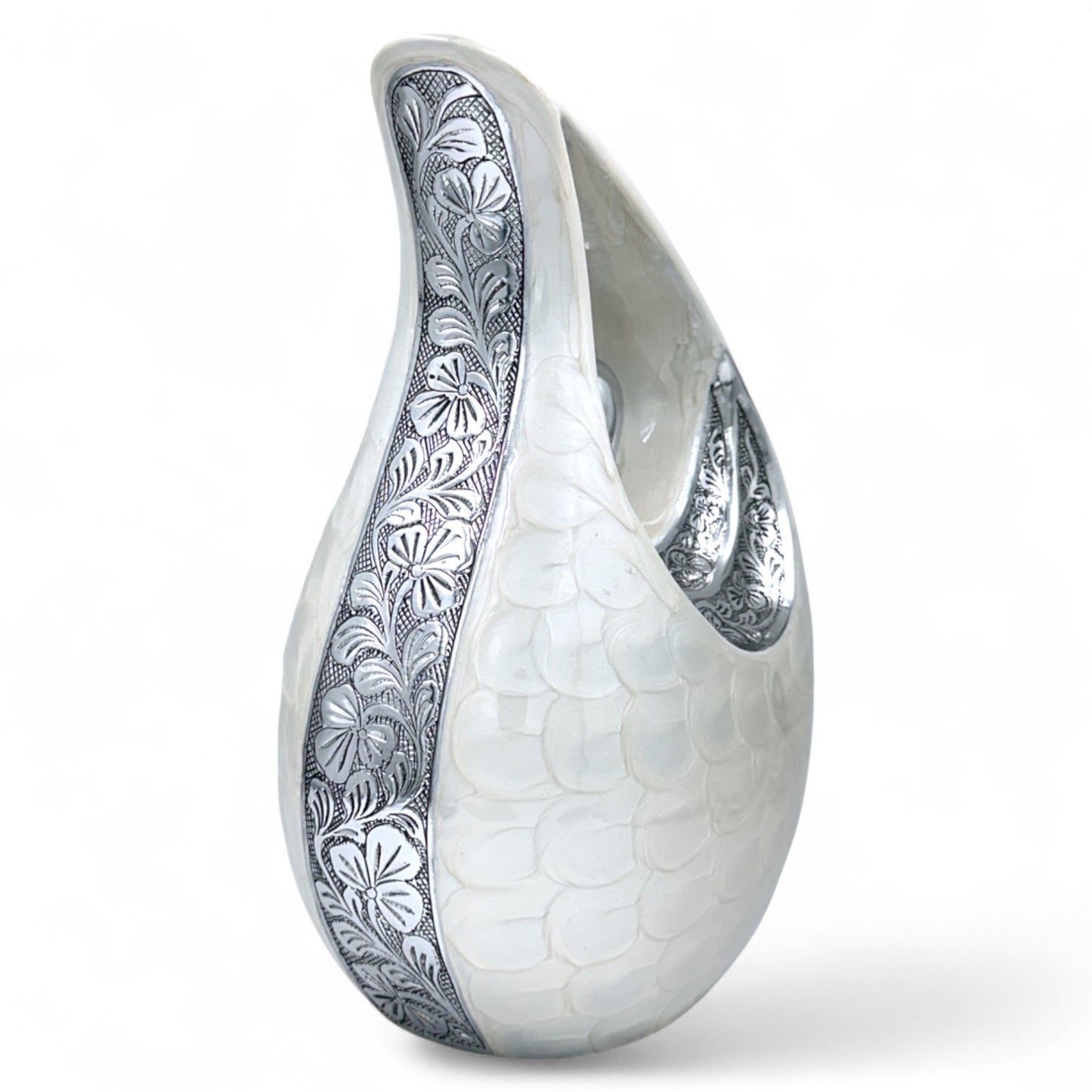 White Teardrop Cremation Urn with Silver Heart & Cardinals – Personalized Memorial Urn for Ashes – Medium & Large Sizes
