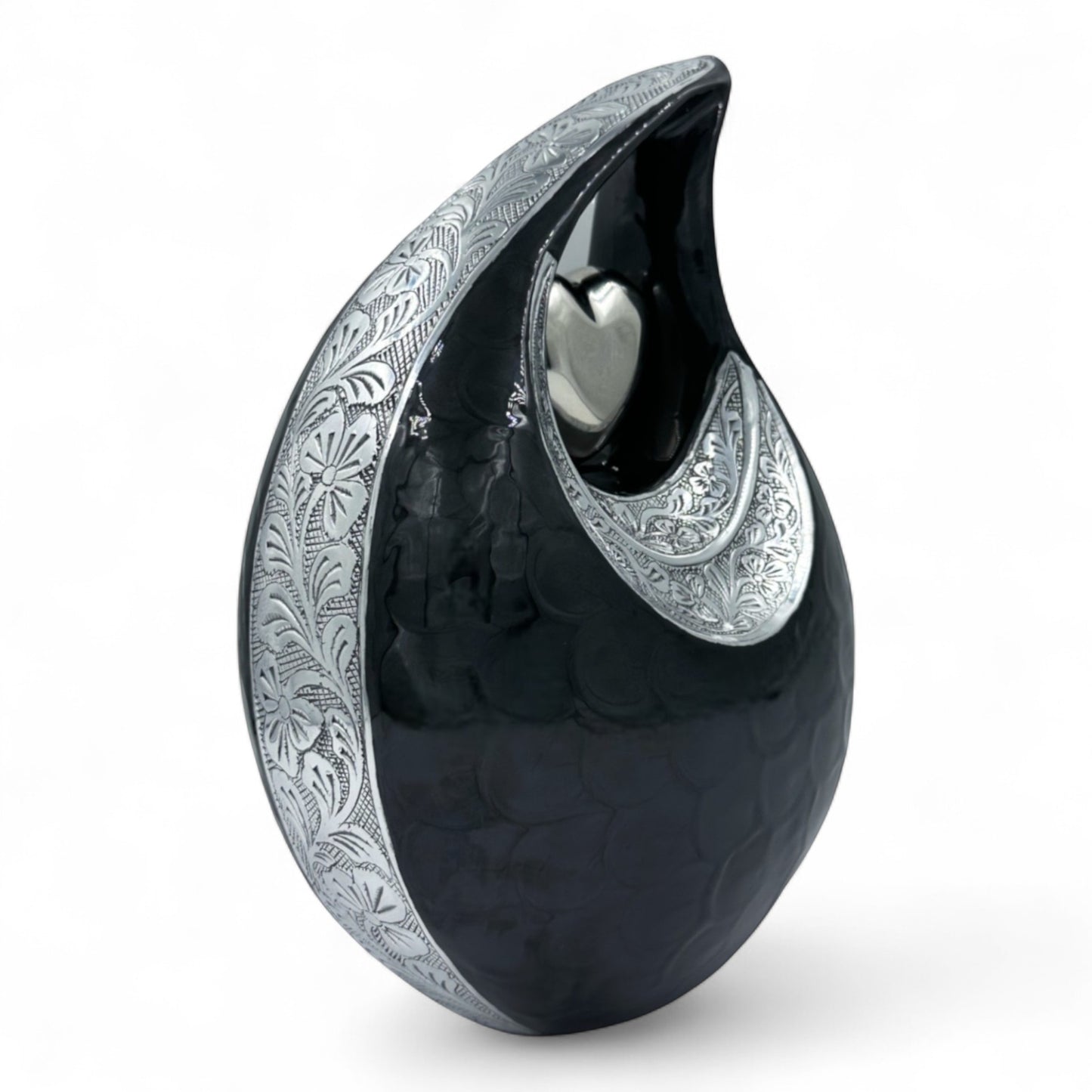 Black Teardrop Cremation Urn with Engraved Silver Detail and Heart – Personalized Adult Memorial Urn for Human Ashes – Elegant Funeral Urn with Velvet Bag