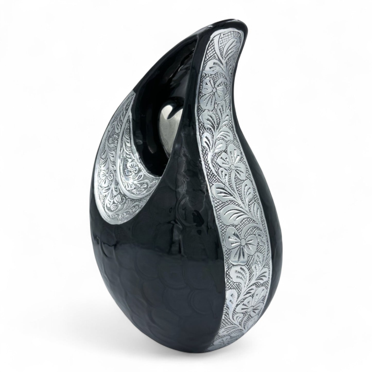 Black Teardrop Cremation Urn with Engraved Silver Detail and Heart – Personalized Adult Memorial Urn for Human Ashes – Elegant Funeral Urn with Velvet Bag