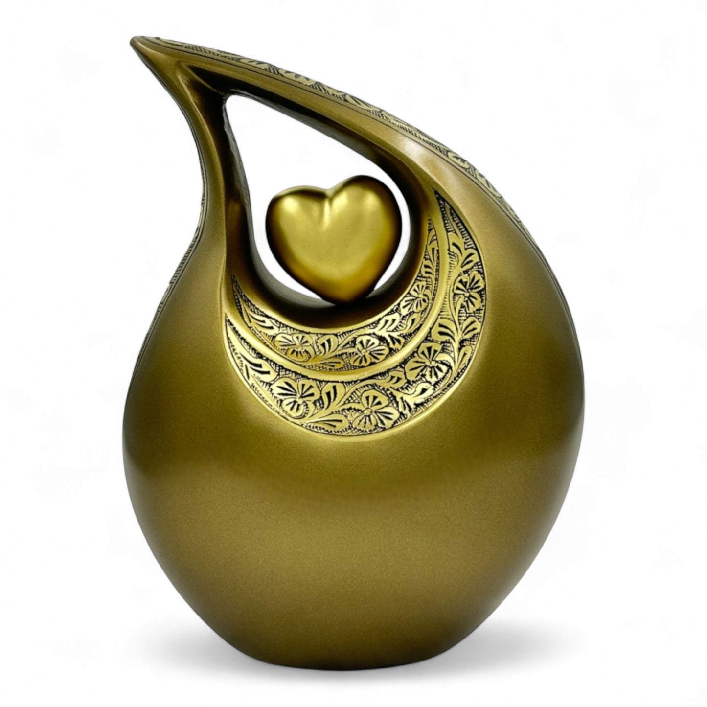 Gold Teardrop Cremation Urn with Heart – Engraved Adult Memorial Urn for Human Ashes – Personalized Funeral & Keepsake Urn with Velvet Bag