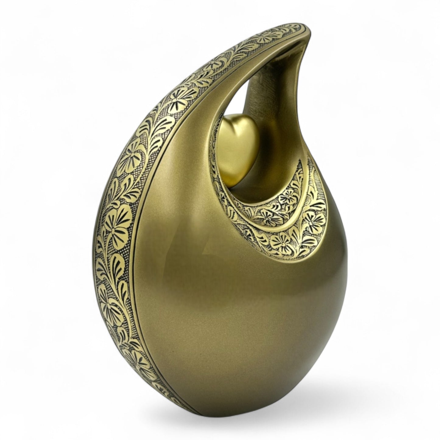 Gold Teardrop Cremation Urn with Heart – Engraved Adult Memorial Urn for Human Ashes – Personalized Funeral & Keepsake Urn with Velvet Bag