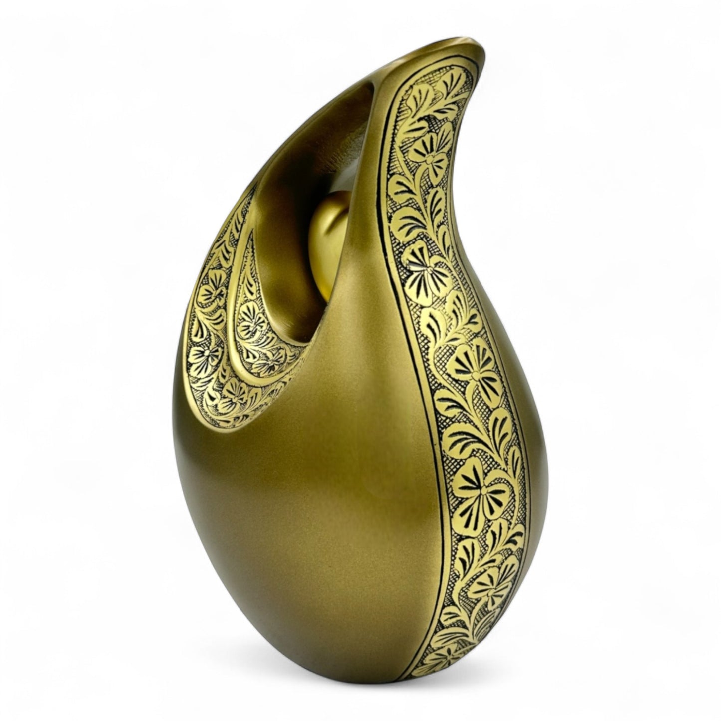 Gold Teardrop Cremation Urn with Heart – Engraved Adult Memorial Urn for Human Ashes – Personalized Funeral & Keepsake Urn with Velvet Bag