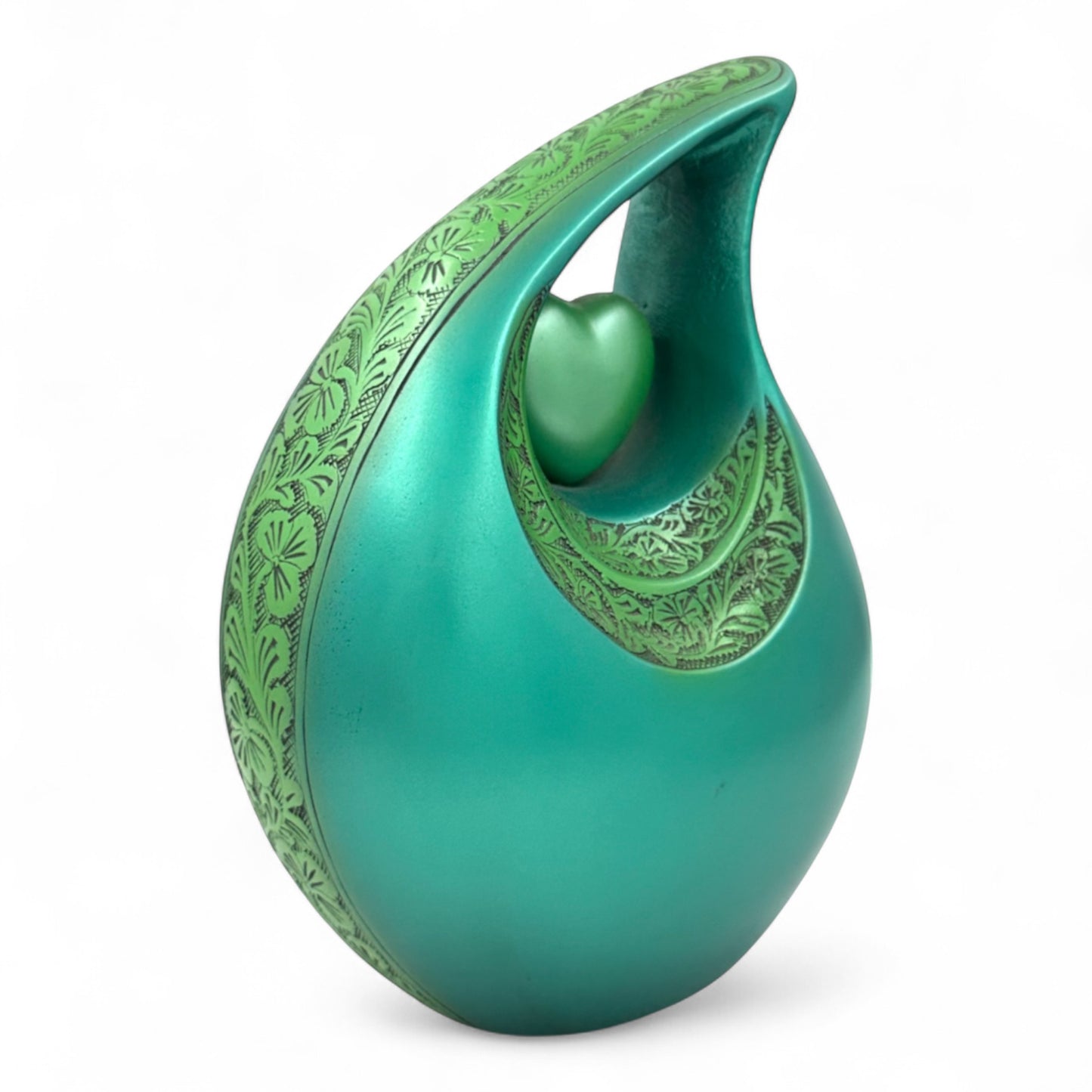 Green Teardrop Cremation Urn with Heart – Engraved Adult Urn for Human Ashes – Personalized Memorial & Funeral Keepsake Urn with Velvet Bag