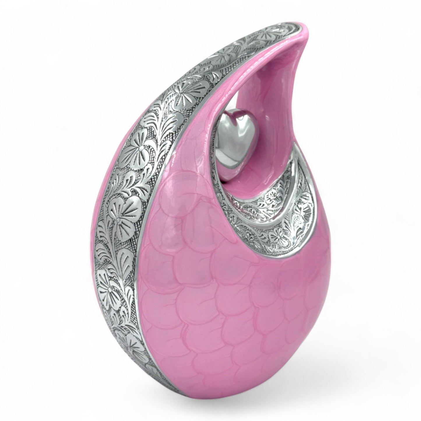 Pink Teardrop Cremation Urn with Engraved Silver Detail and Heart – Personalized Adult Memorial Urn for Human Ashes – Elegant Funeral Urn with Velvet Bag