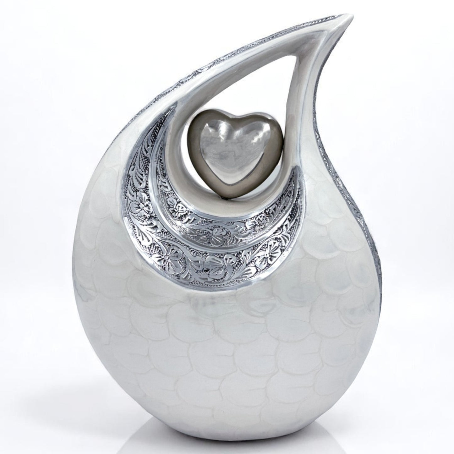 White Teardrop Cremation Urn with Engraved Silver Detail and Heart – Personalized Adult Memorial Urn for Human Ashes – Elegant Funeral Urn with Velvet Bag