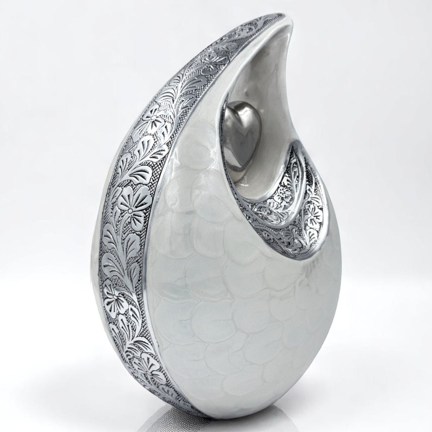 White Teardrop Cremation Urn with Engraved Silver Detail and Heart – Personalized Adult Memorial Urn for Human Ashes – Elegant Funeral Urn with Velvet Bag