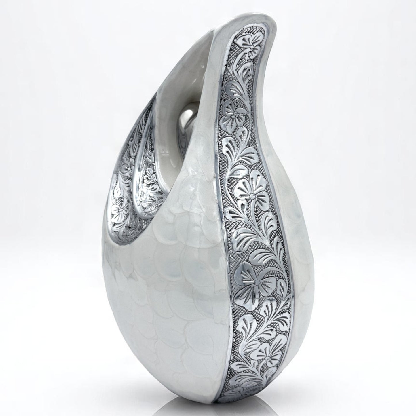 White Teardrop Cremation Urn with Engraved Silver Detail and Heart – Personalized Adult Memorial Urn for Human Ashes – Elegant Funeral Urn with Velvet Bag