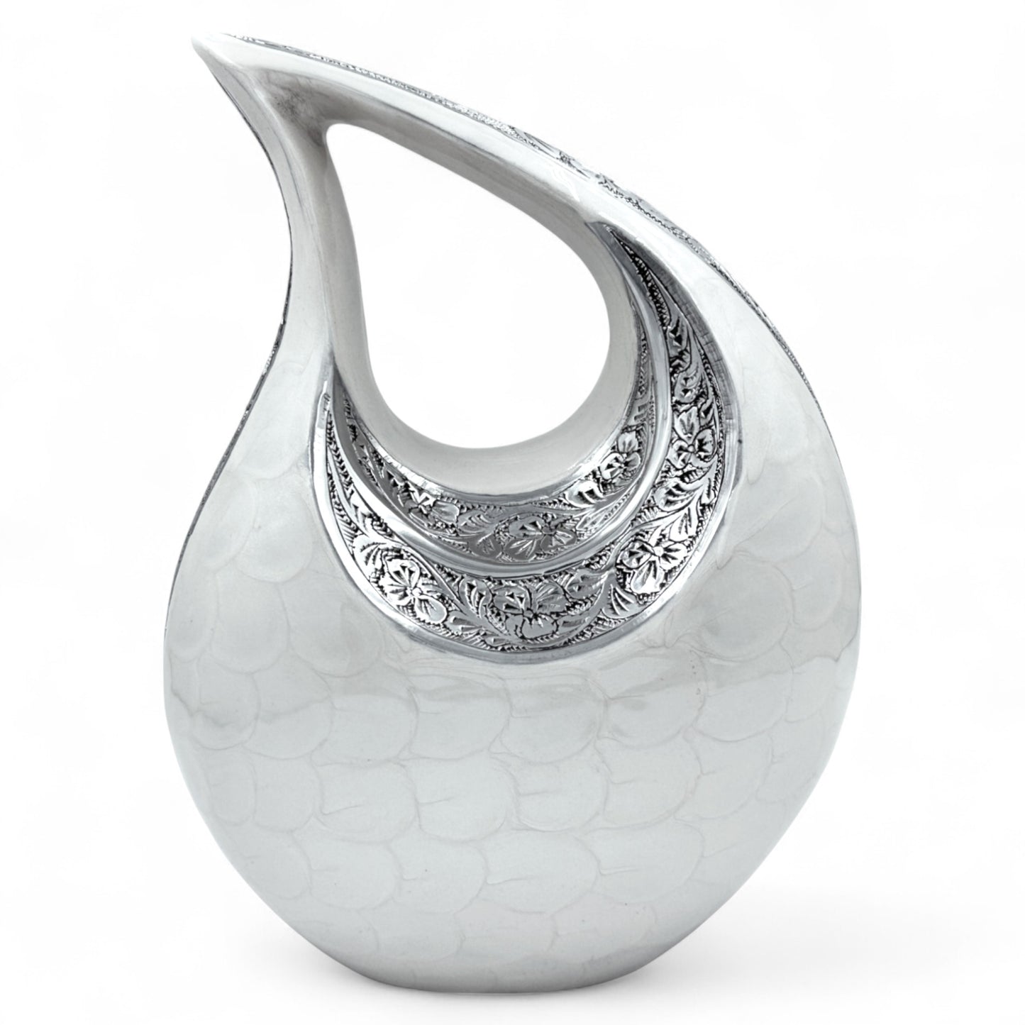 White Teardrop Cremation Urn with Engraved Silver Floral Detail – Personalized Adult Memorial Urn for Human Ashes – Elegant Funeral Urn with Velvet Bag