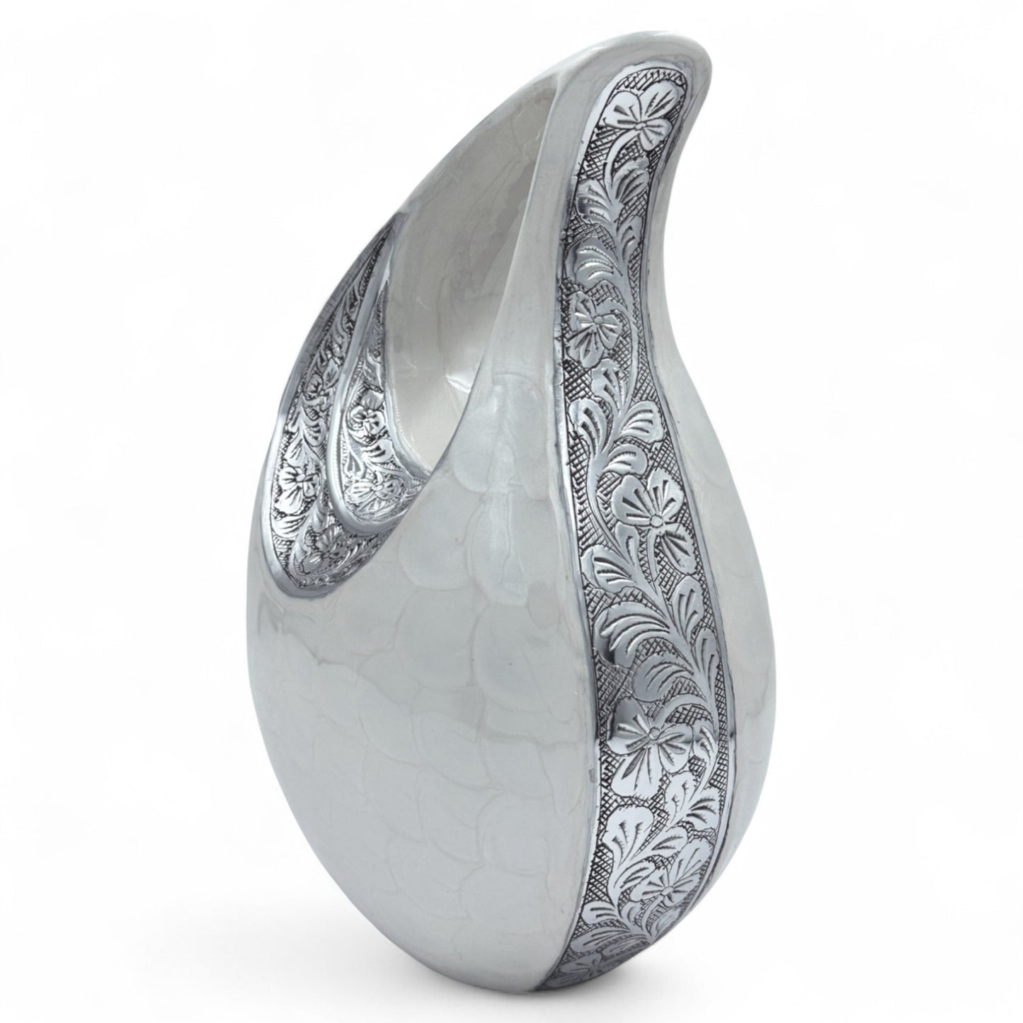 White Teardrop Cremation Urn with Engraved Silver Floral Detail – Personalized Adult Memorial Urn for Human Ashes – Elegant Funeral Urn with Velvet Bag