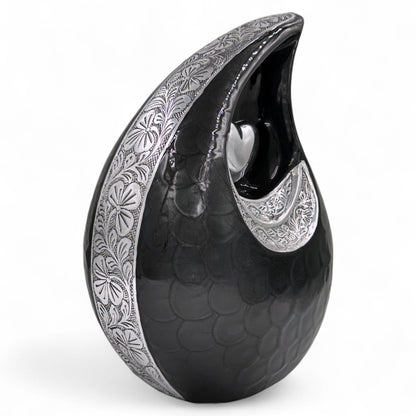 Black Teardrop Cremation Urn with Silver Heart & Cardinals – Adult Ashes Urn, Engraved Memorial, Available in Two Sizes