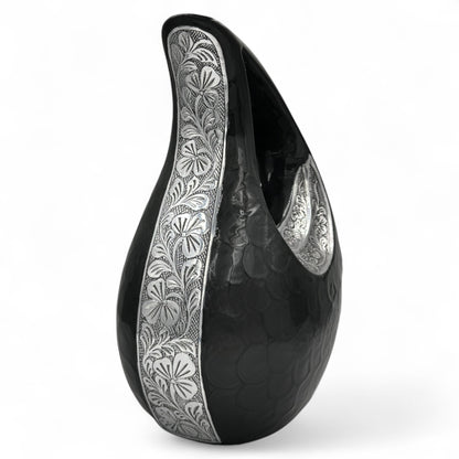 Black Teardrop Cremation Urn with Silver Heart & Cardinals – Adult Ashes Urn, Engraved Memorial, Available in Two Sizes
