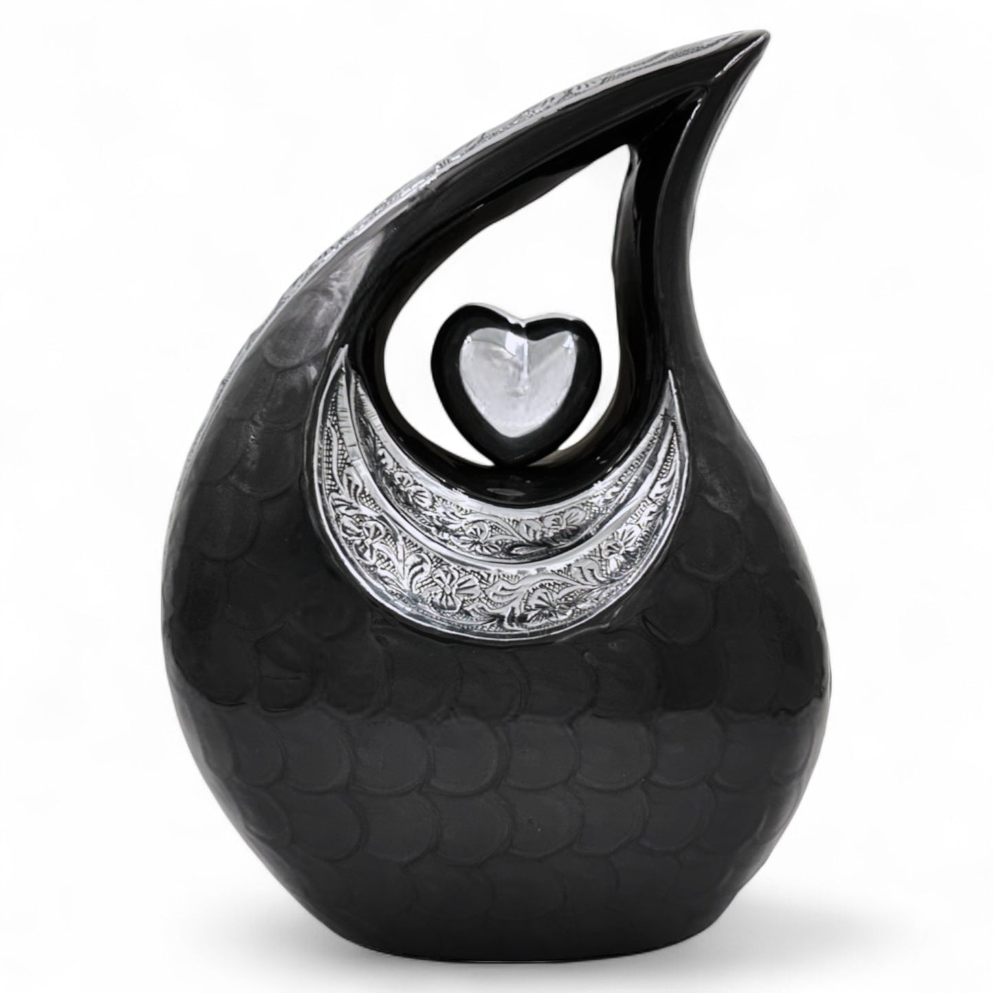 Black Teardrop Cremation Urn with Silver Heart & Cardinals – Adult Ashes Urn, Engraved Memorial, Available in Two Sizes