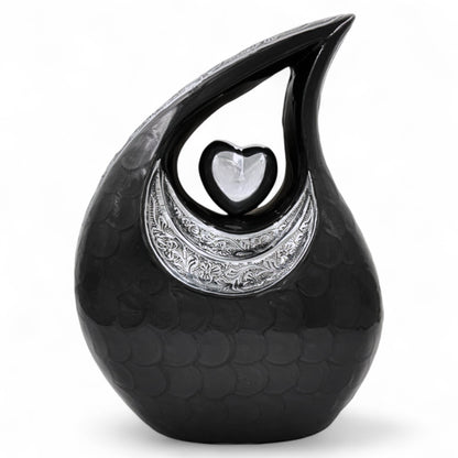 Black Teardrop Cremation Urn with Silver Heart & Cardinals – Adult Ashes Urn, Engraved Memorial, Available in Two Sizes