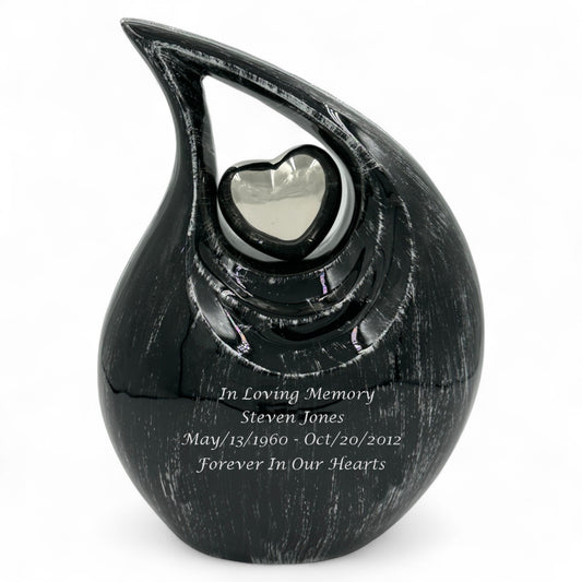 Black Teardrop Cremation Urn with Silver Heart – Personalized Adult Memorial Urn for Human Ashes – Elegant Engraved Funeral Urn with Velvet Bag