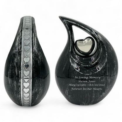Black Teardrop Cremation Urn with Silver Heart – Personalized Adult Memorial Urn for Human Ashes – Elegant Engraved Funeral Urn with Velvet Bag