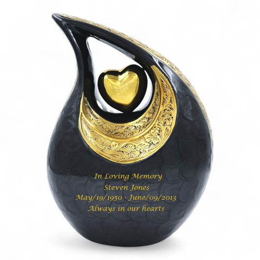 Black Adult Teardrop Cremation Urn – Personalized Funeral Urn with Velvet Bag for Human Ashes