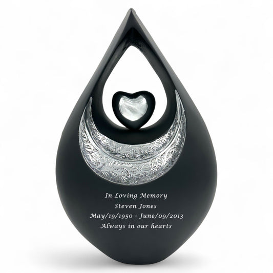 Elegant Black Teardrop Cremation Urn for Human Ashes – Personalized Adult Urn with Matte Finish for Funeral, Memorial, or Burial