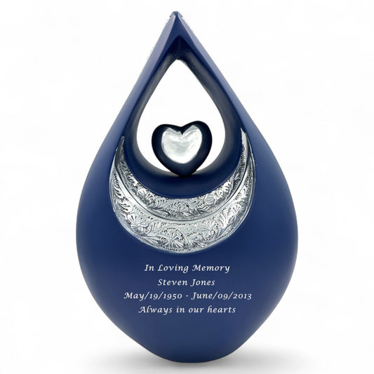 Personalized Blue Teardrop Cremation Urn for Ashes – Matte Finish Adult Memorial Urn