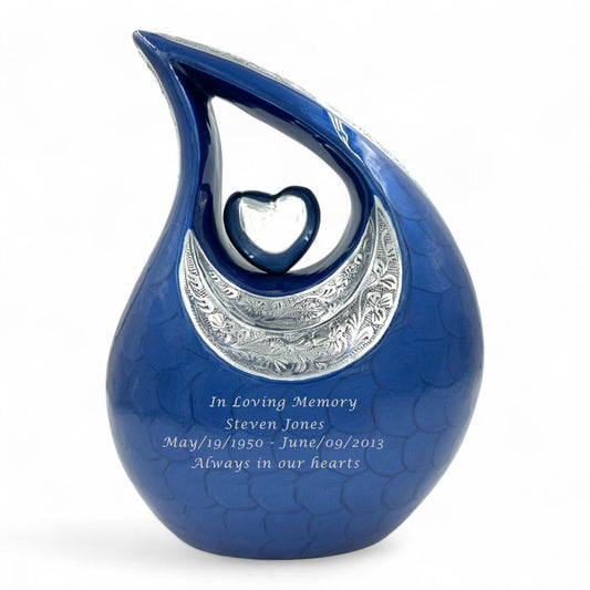 Blue Teardrop Cremation Urn – Personalized Large Adult Urn for Human Ashes – Decorative Memorial Urn