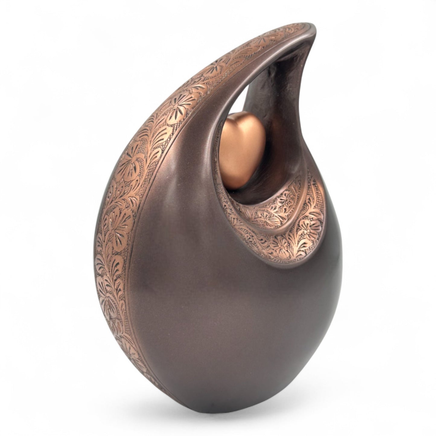 Bronze Teardrop Cremation Urn with Heart – Engraved Floral Memorial Urn for Human Ashes – Personalized Adult Funeral Urn with Velvet Bag