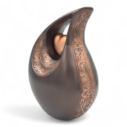 Bronze Teardrop Cremation Urn with Heart – Engraved Floral Memorial Urn for Human Ashes – Personalized Adult Funeral Urn with Velvet Bag