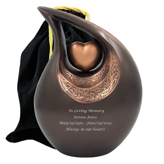 Personalized Bronze Teardrop Cremation Urn with Heart – Large