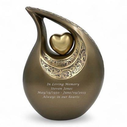 Brown Teardrop Cremation Urn with Heart – Engraved Personalized Urn for Human Ashes – Adult Memorial & Funeral Urn – Elegant Keepsake Urn