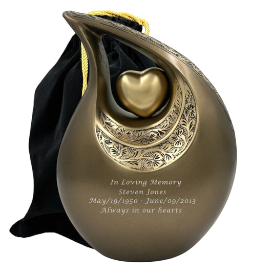 Personalized Brown Teardrop Cremation Urn with Heart – Large