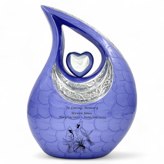 Purple Teardrop Cremation Urn with Silver Heart & Cardinals – Adult Urn, Medium & Large Sizes, Personalized Memorial Keepsake