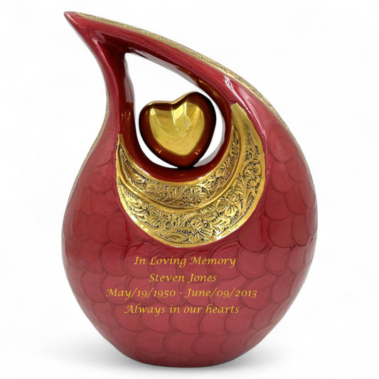 Red Teardrop Cremation Urn with Gold Heart – Personalized Memorial Urn for Adult Ashes – Engraved Funeral Urn – Elegant Keepsake