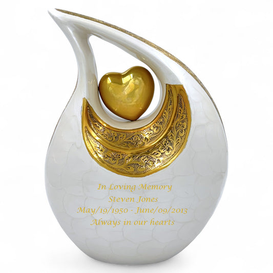White Teardrop Cremation Urn with Gold Heart – Personalized Adult Urn – Hand-Engraved Memorial Urn – Velvet Bag Included