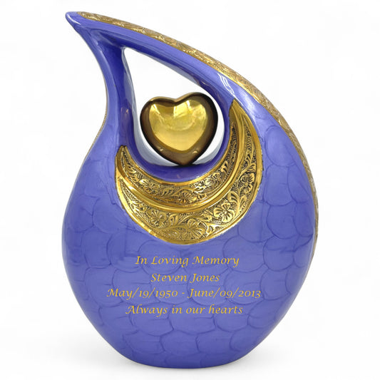 Purple Teardrop Cremation Urn with Gold Heart — Hand-Engraved Floral Design — Personalized Adult Memorial Urn for Human Ashes