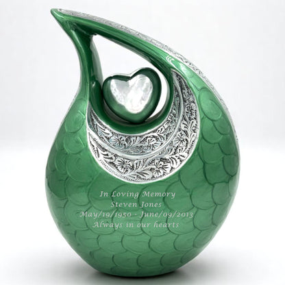 Green Teardrop Cremation Urn with Engraved Silver Detail and Heart – Personalized Adult Memorial Urn for Human Ashes – Elegant Funeral Urn with Velvet Bag